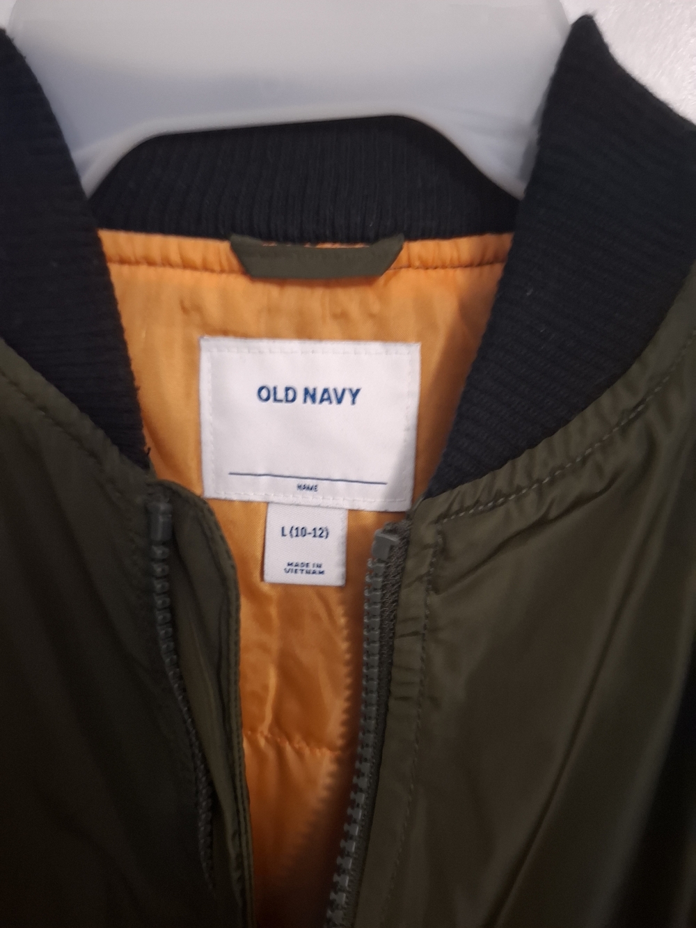 Kids-Boys. Old Navy Olive Green Bomber Jacket with Orange Lining